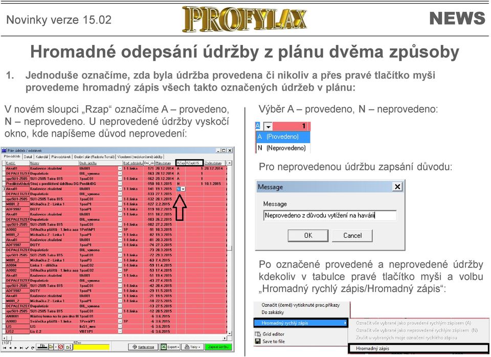 údržeb v plánu: V novém sloupci Rzap označíme A provedeno, N neprovedeno.