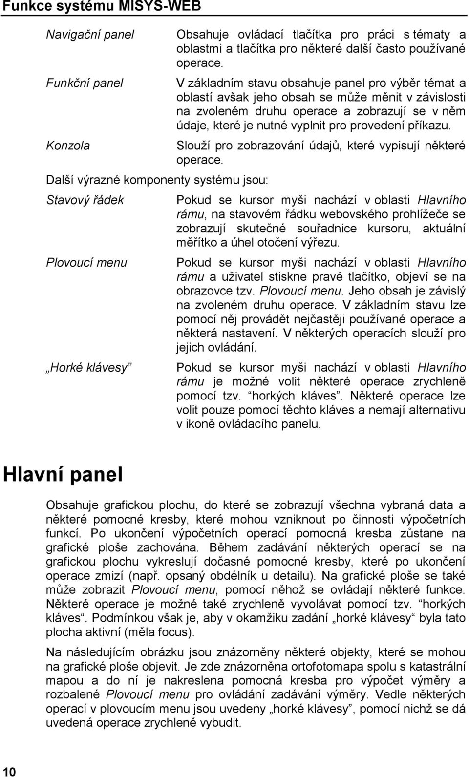 V základním stavu obsahuje panel pro výběr témat a oblastí avšak jeho obsah se může měnit v závislosti na zvoleném druhu operace a zobrazují se v něm údaje, které je nutné vyplnit pro provedení