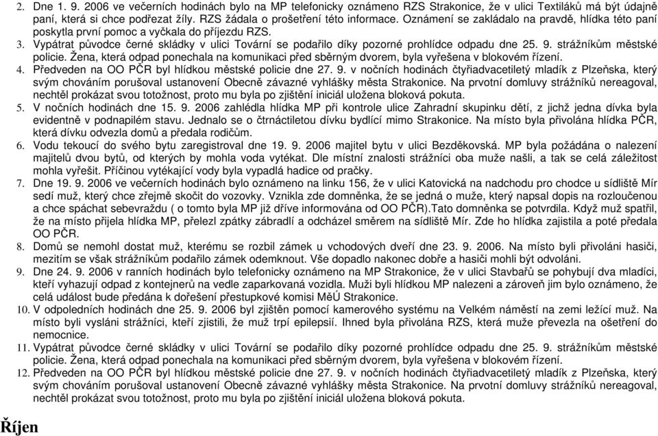 strážníkům městské policie. Žena, která odpad ponechala na komunikaci před sběrným dvorem, byla vyřešena v blokovém řízení. 4. Předveden na OO PČR byl hlídkou městské policie dne 27. 9.