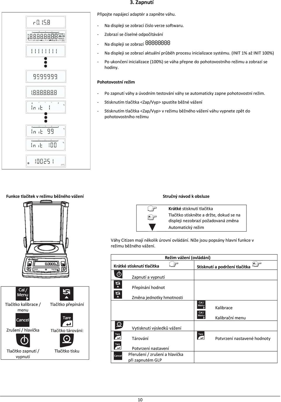 (INIT 1% až INIT 100%) - Po ukončení inicializace (100%) se váha přepne do pohotovostního režimu a zobrazí se hodiny.