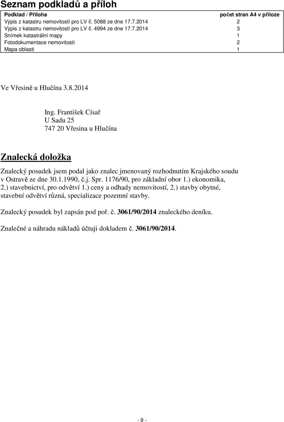 František Císař U Sadu 25 747 20 Vřesina u Hlučína Znalecká doložka Znalecký posudek jsem podal jako znalec jmenovaný rozhodnutím Krajského soudu v Ostravě ze dne 30.1.1990, č.j. Spr.