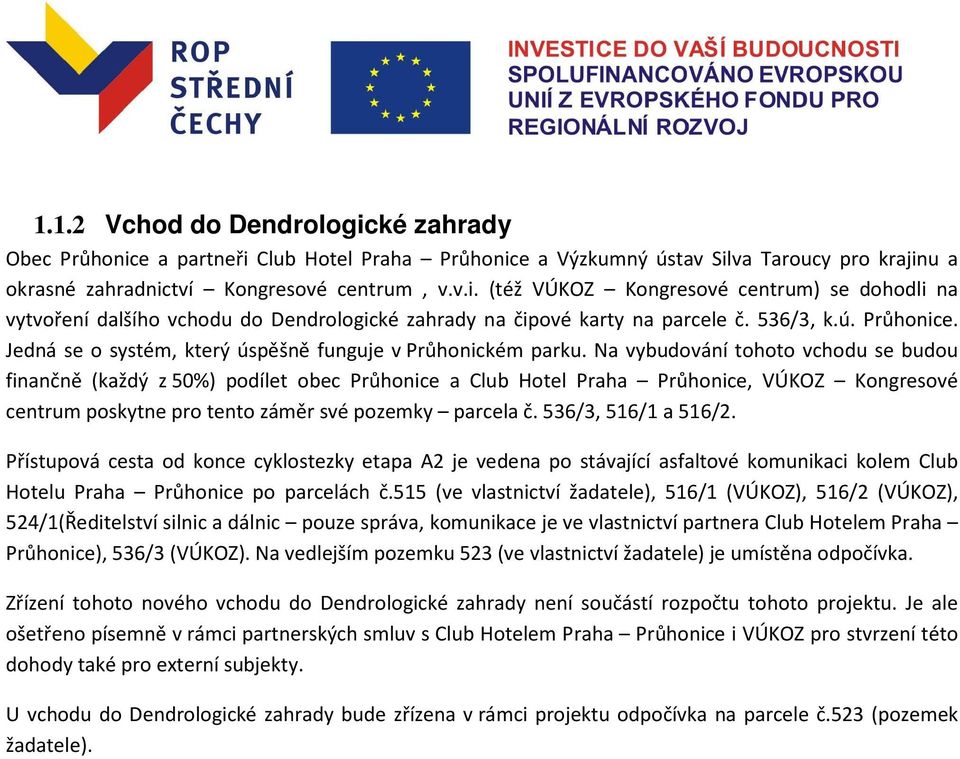 Na vybudování tohoto vchodu se budou finančně (každý z 50%) podílet obec Průhonice a Club Hotel Praha Průhonice, VÚKOZ Kongresové centrum poskytne pro tento záměr své pozemky parcela č.