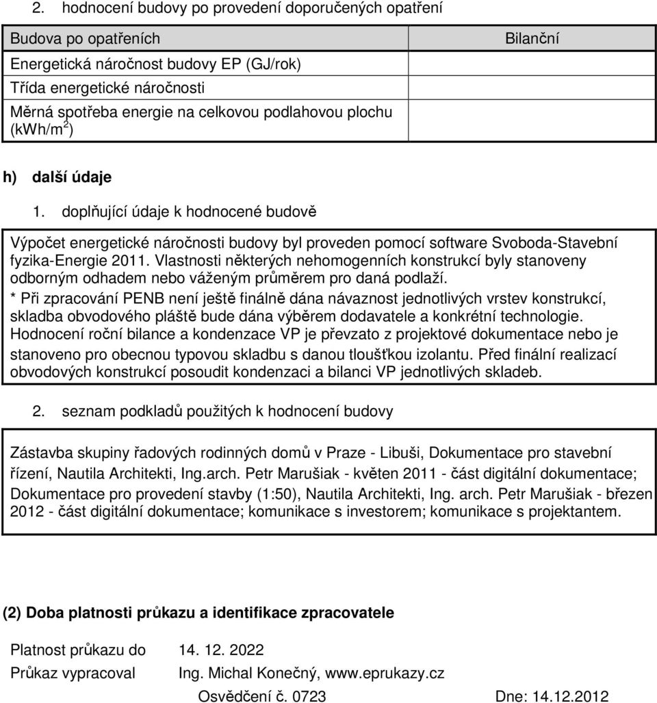 Vlastnosti některých nehomogenních konstrukcí byly stanoveny odborným odhadem nebo váženým průměrem pro daná podlaží.