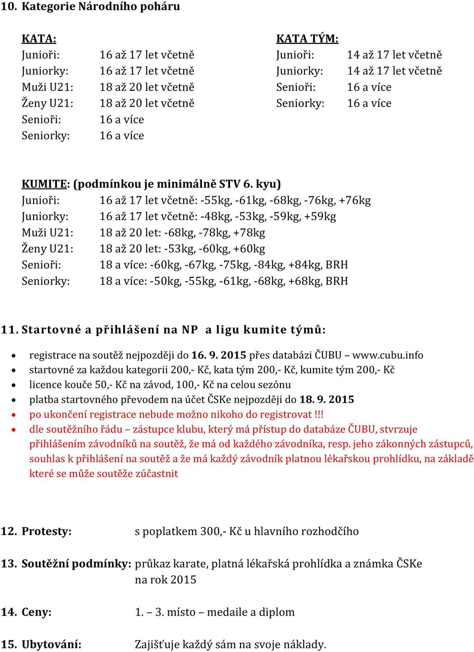 kyu) Junioři: 16 až 17 let včetně: -55kg, -61kg, -68kg, -76kg, +76kg Juniorky: 16 až 17 let včetně: -48kg, -53kg, -59kg, +59kg Muži U21: 18 až 20 let: -68kg, -78kg, +78kg Ženy U21: 18 až 20 let: