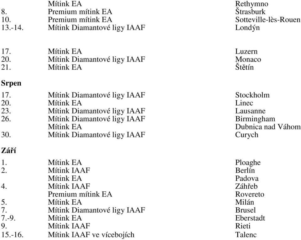 Mítink Diamantové ligy IAAF Mítink Diamantové ligy IAAF Lausanne Birmingham Dubnica nad Váhom 30.
