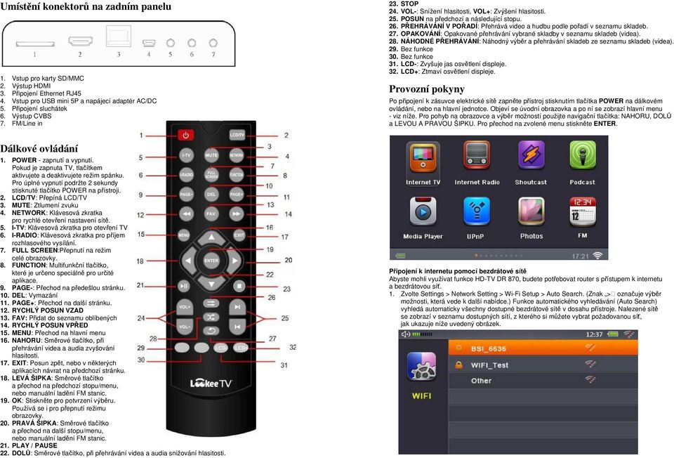 Pro úplné vypnutí podržte 2 sekundy stisknuté tlačítko POWER na přístroji. 2. LCD/TV: Přepíná LCD/TV 3. MUTE: Ztlumení zvuku 4. NETWORK: Klávesová zkratka pro rychlé otevření nastavení sítě. 5.