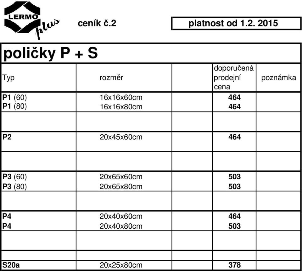 2015 poličky P + S doporučená Typ rozměr prodejní poznámka cena