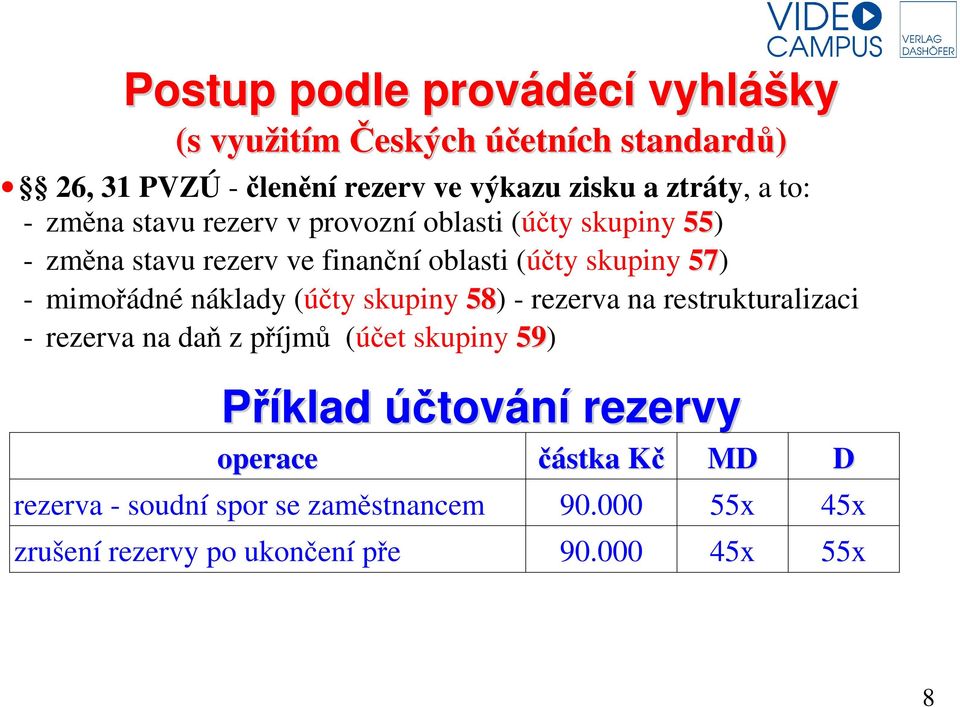 mimořádné náklady (účty skupiny 58) - rezerva na restrukturalizaci - rezerva na daň z příjmů (účet skupiny 59) Příklad účtování