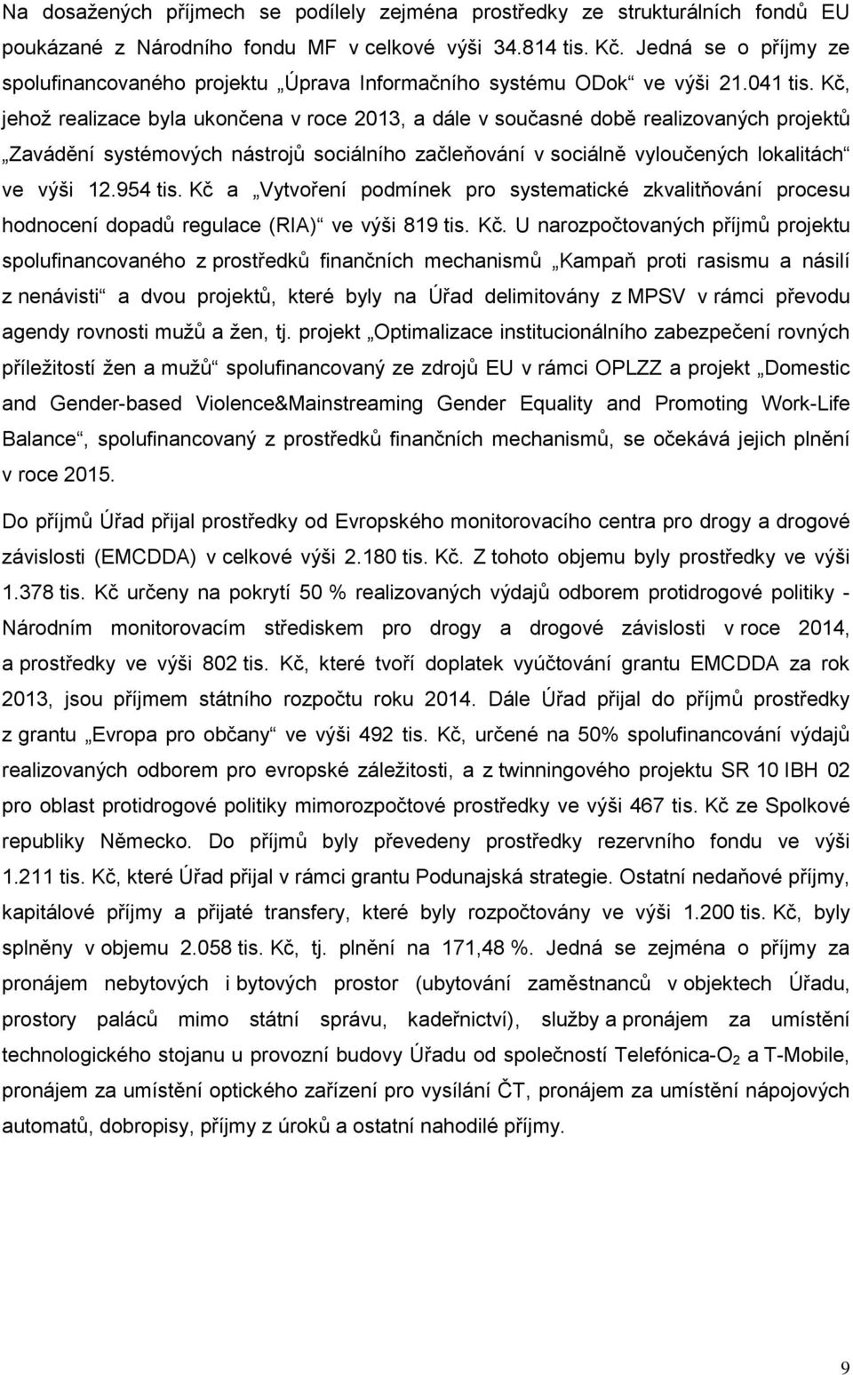 Kč, jehož realizace byla ukončena v roce 2013, a dále v současné době realizovaných projektů Zavádění systémových nástrojů sociálního začleňování v sociálně vyloučených lokalitách ve výši 12.954 tis.