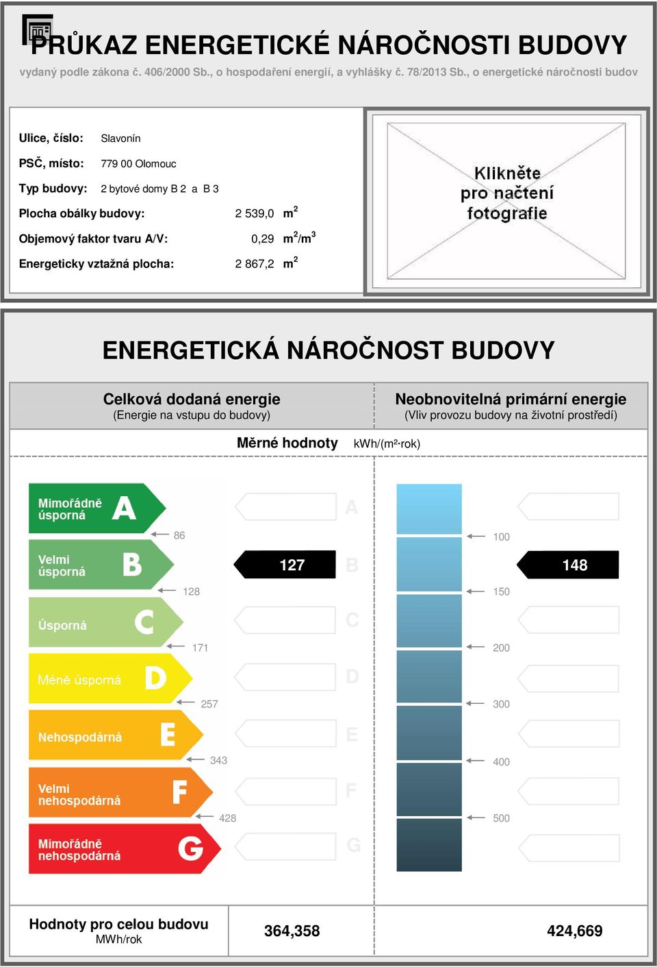 , o energetické náročnosti budov Ulice, číslo: PSČ, místo: 779 00 Olomouc Typ budovy: 2 bytové domy B 2 a B 3 Plocha obálky budovy: 2 539,0 m 2 Objemový faktor tvaru