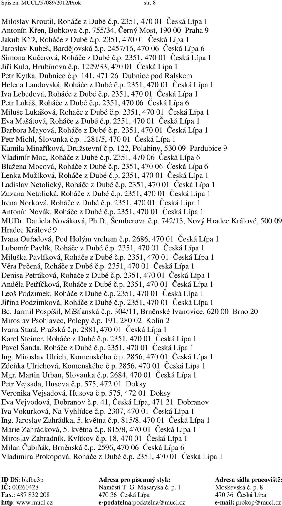 p. 2351, 470 01 Česká Lípa 1 Iva Lebedová, Roháče z Dubé č.p. 2351, 470 01 Česká Lípa 1 Petr Lukáš, Roháče z Dubé č.p. 2351, 470 06 Česká Lípa 6 Miluše Lukášová, Roháče z Dubé č.p. 2351, 470 01 Česká Lípa 1 Eva Mašátová, Roháče z Dubé č.