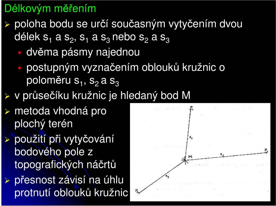 2 a s 3 v průsečíku kružnic je hledaný bod M metoda vhodná pro plochý terén použití při