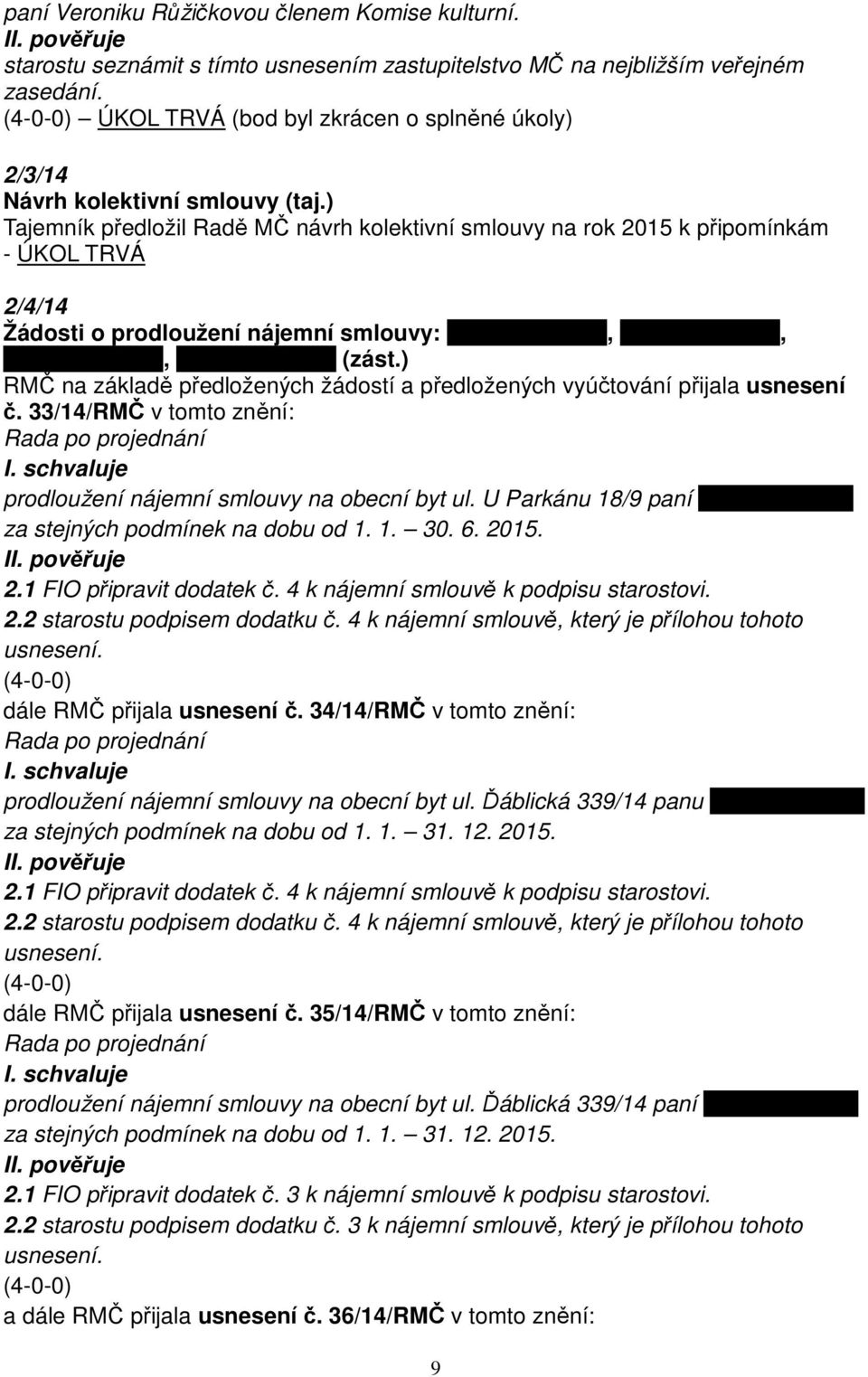 ) Tajemník předložil Radě MČ návrh kolektivní smlouvy na rok 2015 k připomínkám - ÚKOL TRVÁ 2/4/14 Žádosti o prodloužení nájemní smlouvy: xxxxxxxxxxxxxx, xxxxxxxxxxxxxx, xxxxxxxxxxxxxx,