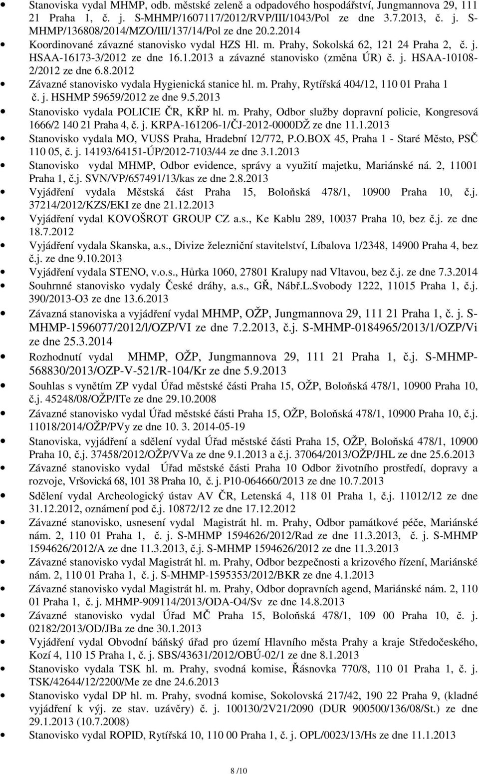 2/2012 ze dne 6.8.2012 Závazné stanovisko vydala Hygienická stanice hl. m. Prahy, Rytířská 404/12, 110 01 Praha 1 č. j. HSHMP 59659/2012 ze dne 9.5.2013 Stanovisko vydala POLICIE ČR, KŘP hl. m. Prahy, Odbor služby dopravní policie, Kongresová 1666/2 140 21 Praha 4, č.