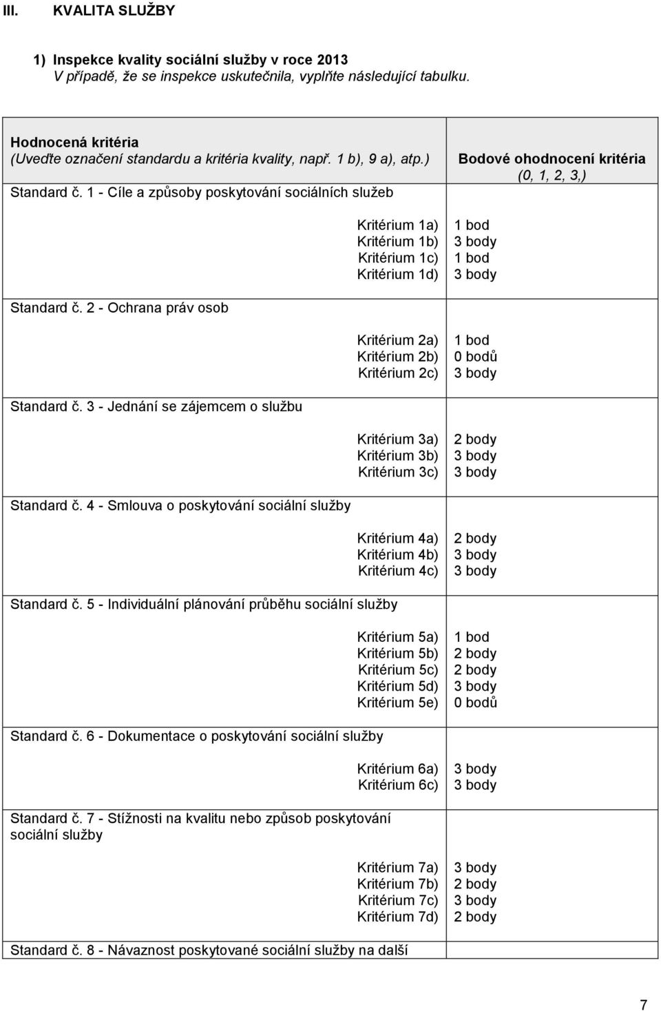 1 - Cíle a způsoby poskytování sociálních služeb Kritérium 1a) Kritérium 1b) Kritérium 1c) Kritérium 1d) Bodové ohodnocení kritéria (0, 1, 2, 3,) 1 bod 1 bod Standard č.