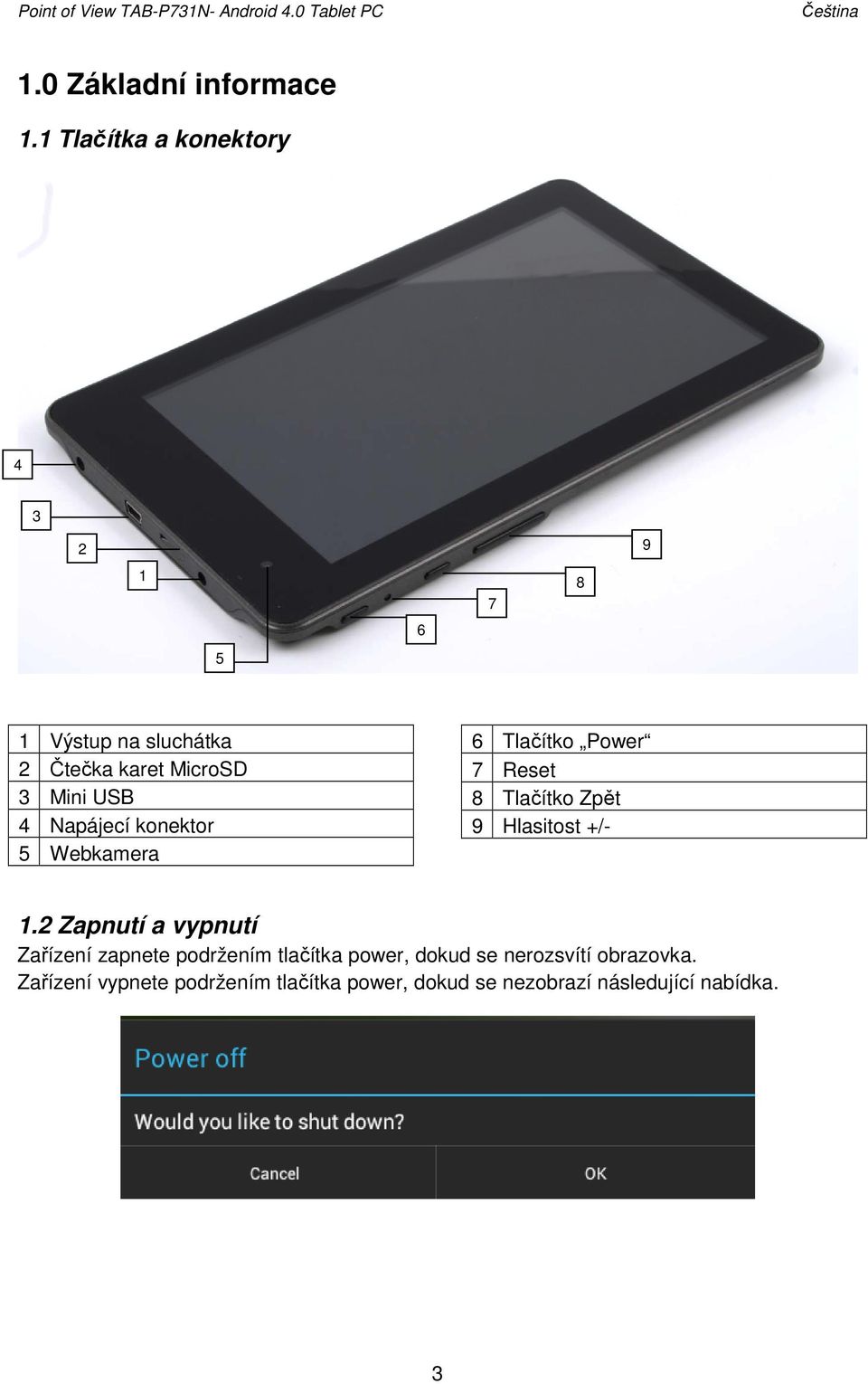 konektor 5 Webkamera 6 Tlačítko Power 7 Reset 8 Tlačítko Zpět 9 Hlasitost +/- 1.