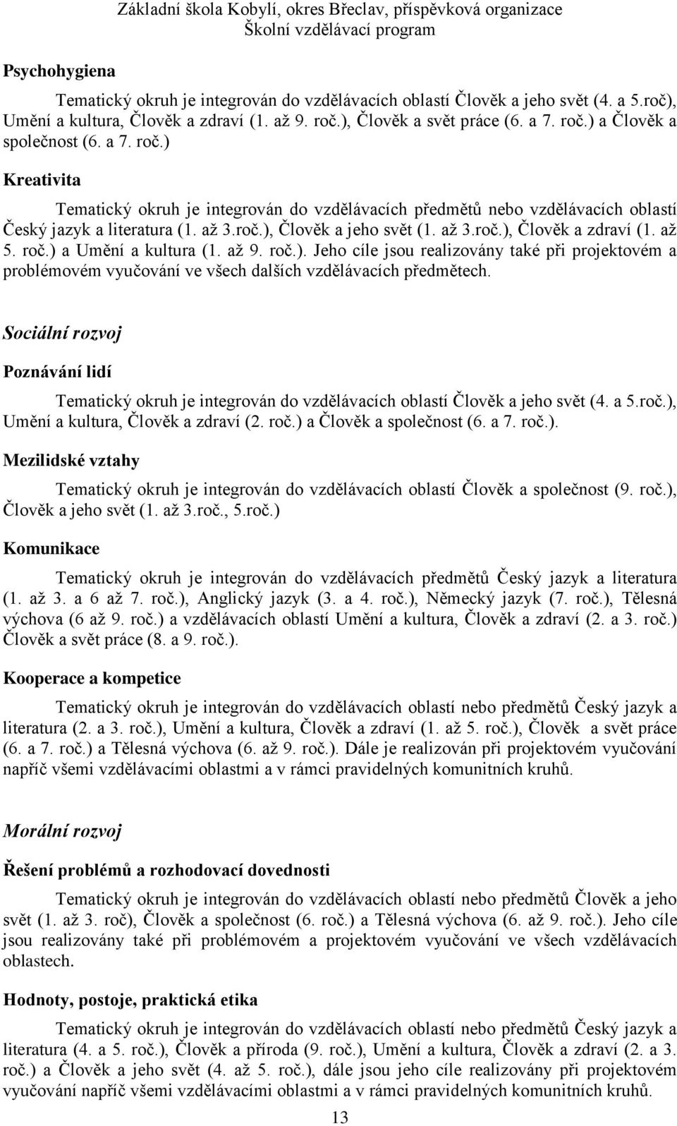 až 3.roč.), Člověk a jeho svět (1. až 3.roč.), Člověk a zdraví (1. až 5. roč.) a Umění a kultura (1. až 9. roč.). Jeho cíle jsou realizovány také při projektovém a problémovém vyučování ve všech dalších vzdělávacích předmětech.