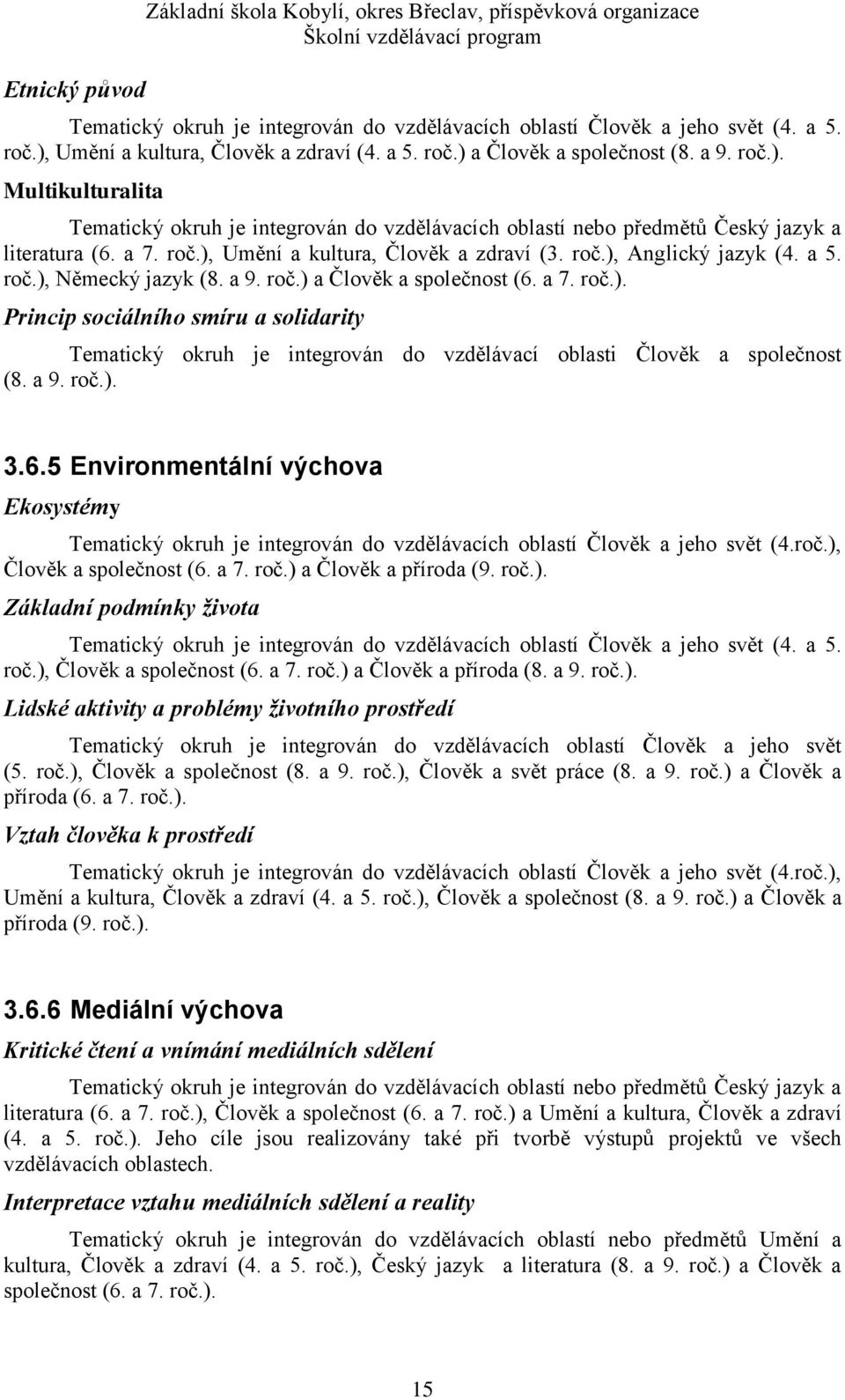 roč.), Anglický jazyk (4. a 5. roč.), Německý jazyk (8. a 9. roč.) a Člověk a společnost (6. a 7. roč.). Princip sociálního smíru a solidarity Tematický okruh je integrován do vzdělávací oblasti Člověk a společnost (8.