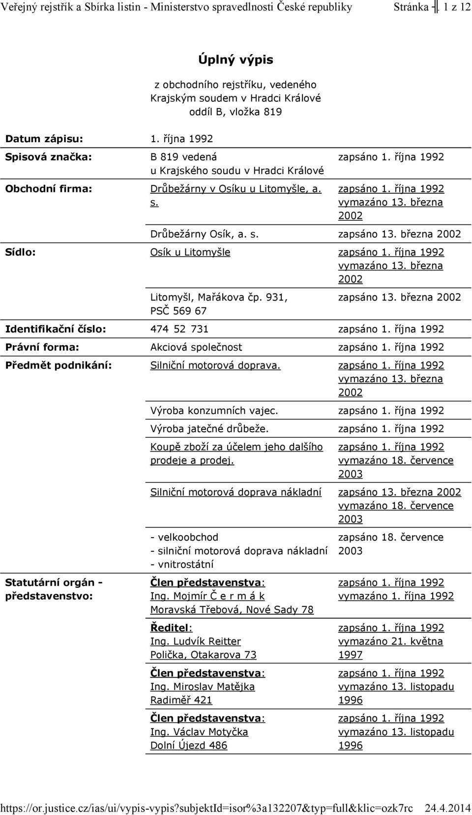 931, PSČ 569 67 Identifikační číslo: 474 52 731 Právní forma: Akciová společnost Předmět podnikání: Silniční motorová doprava. Statutární orgán - představenstvo: Výroba konzumních vajec.