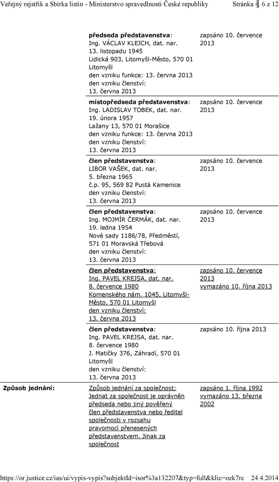 nar. 5. března 1965 č.p. 95, 569 82 Pustá Kamenice Ing. MOJMÍR ČERMÁK, dat. nar. 19. ledna 1954 Nové sady 1186/78, Předměstí, 571 01 Moravská Třebová Ing. PAVEL KREJSA, dat. nar. 8. července 1980 Komenského nám.