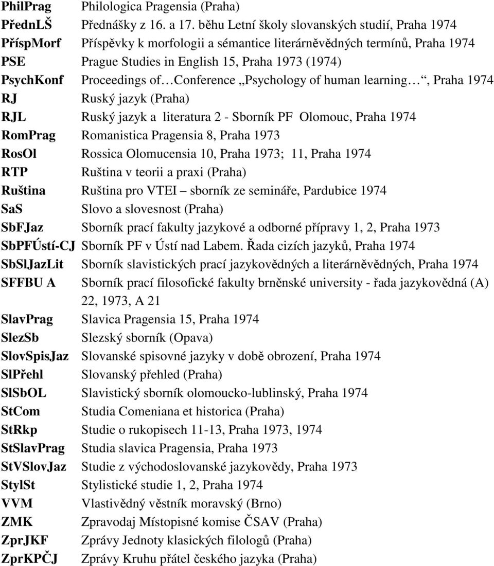 Proceedings of Conference Psychology of human learning, Praha 1974 RJ Ruský jazyk (Praha) RJL Ruský jazyk a literatura 2 - Sborník PF Olomouc, Praha 1974 RomPrag Romanistica Pragensia 8, Praha 1973