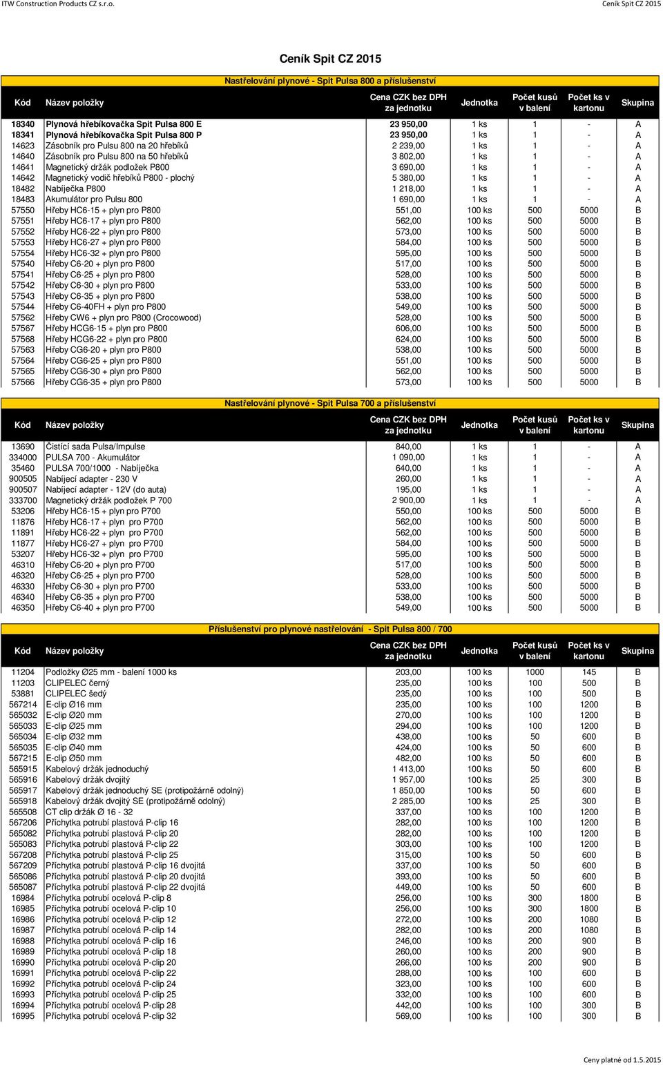 1 218,00 1 ks 1 - A 18483 Akumulátor pro Pulsu 800 1 690,00 1 ks 1 - A 57550 Hřeby HC6-15 + plyn pro P800 551,00 100 ks 500 5000 B 57551 Hřeby HC6-17 + plyn pro P800 562,00 100 ks 500 5000 B 57552