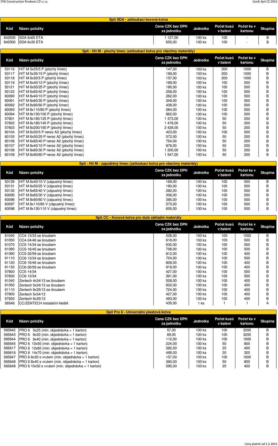 HIT M 6x65/40 P (plochý límec) 258,00 100 ks 100 500 B 60090 HIT M 8x40/10 P (plochý límec) 282,00 100 ks 100 500 B 60091 HIT M 8x60/30 P (plochý límec) 349,00 100 ks 100 500 B 60092 HIT M 8x90/60 P