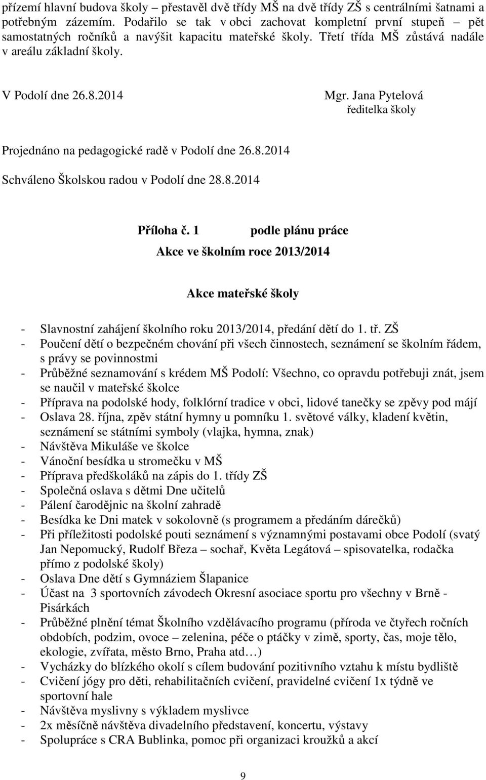 Jana Pytelová ředitelka školy Projednáno na pedagogické radě v Podolí dne 26.8.2014 Schváleno Školskou radou v Podolí dne 28.8.2014 Příloha č.