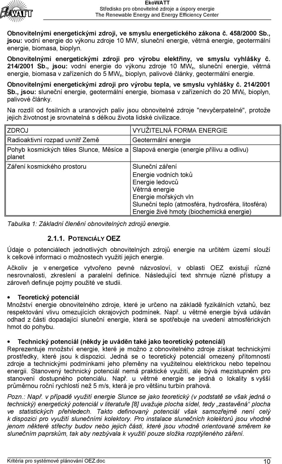 , jsou: vodní energie do výkonu zdroje 10 MW e, sluneční energie, větrná energie, biomasa v zařízeních do 5 MW e, bioplyn, palivové články, geotermální energie.