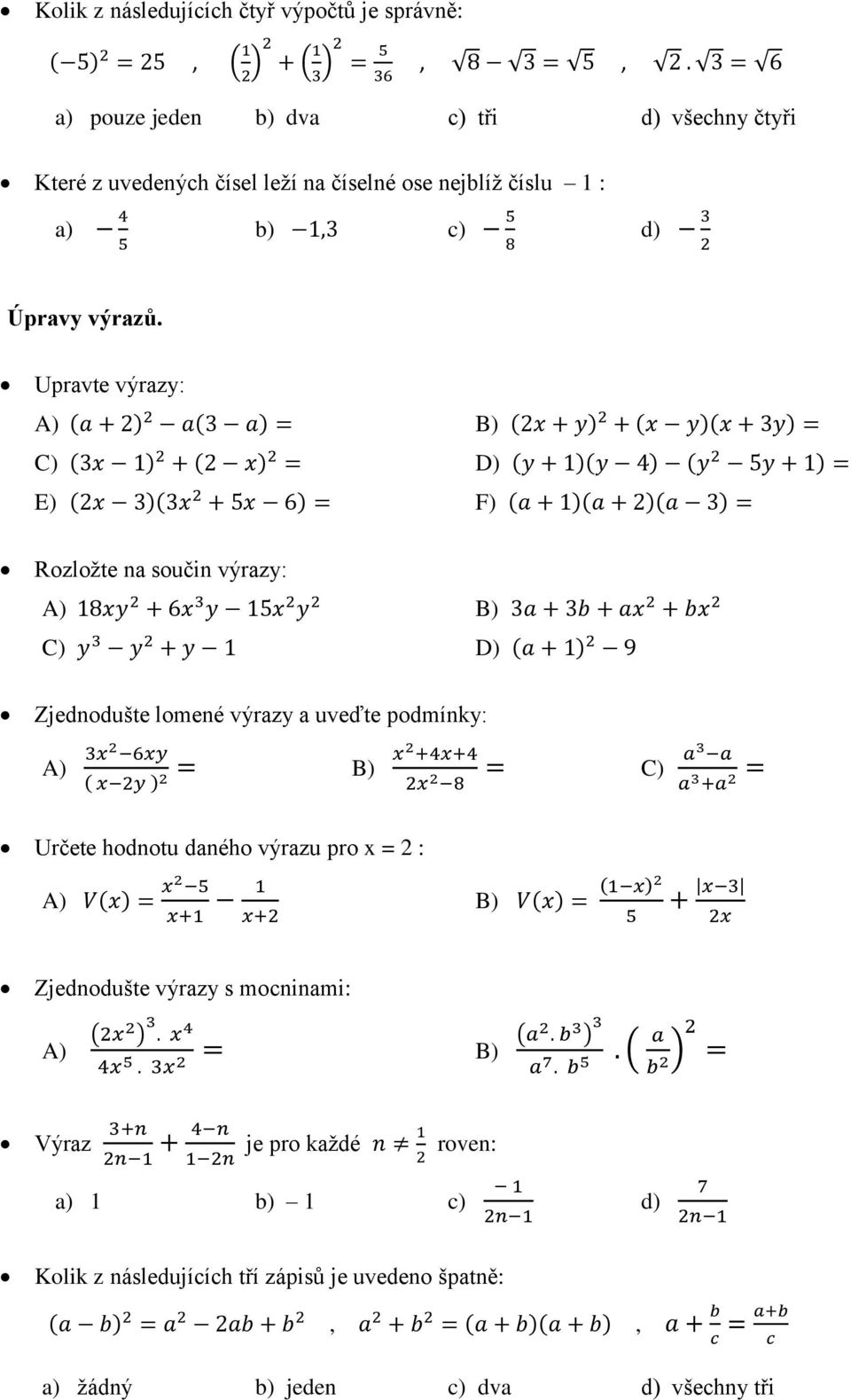 Příklady pro přijímací zkoušku z matematiky školní rok 2012/ PDF Stažení  zdarma