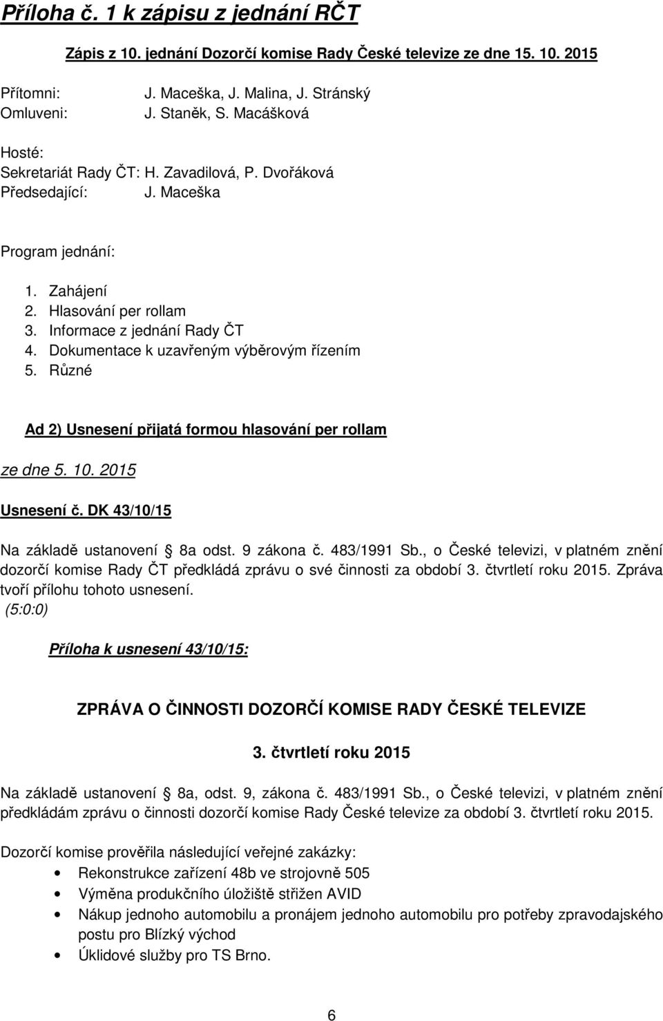 Dokumentace k uzavřeným výběrovým řízením 5. Různé Ad 2) Usnesení přijatá formou hlasování per rollam ze dne 5. 10. 2015 Usnesení č. DK 43/10/15 Na základě ustanovení 8a odst. 9 zákona č. 483/1991 Sb.