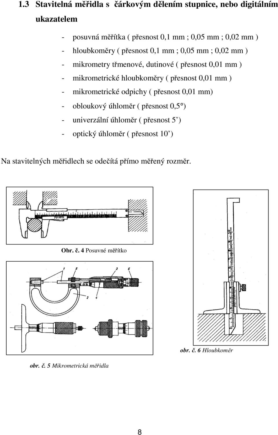 0,01 mm ) - mikrometrické odpichy ( přesnost 0,01 mm) - obloukový úhloměr ( přesnost 0,5 ) - univerzální úhloměr ( přesnost 5 ) - optický úhloměr