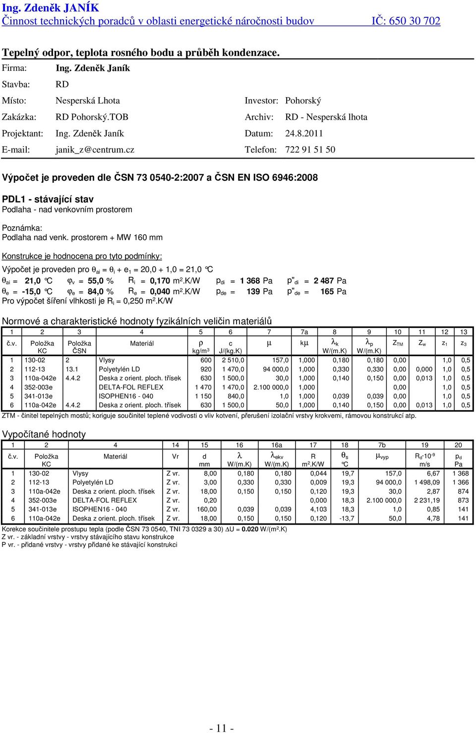 cz Telefon: 722 91 51 50 Výpočet je proveden dle ČSN 73 0540-2:2007 a ČSN EN ISO 6946:2008 PDL1 - stávající stav Podlaha - nad venkovním prostorem Poznámka: Podlaha nad venk.