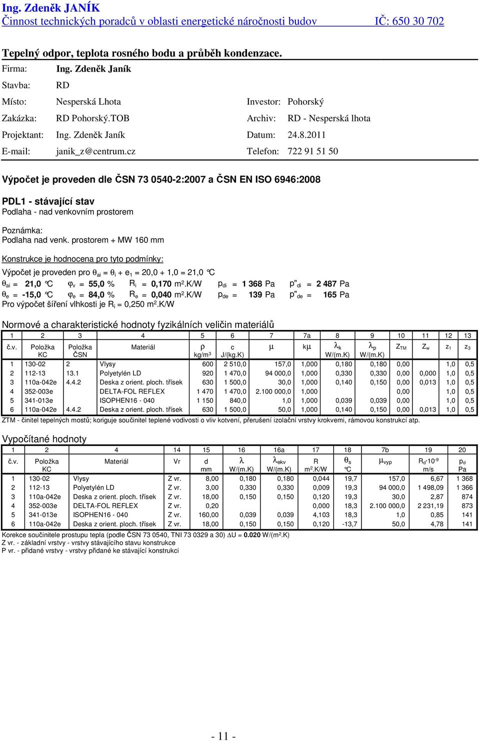 cz Telefon: 722 91 51 50 Výpočet je proveden dle ČSN 73 0540-2:2007 a ČSN EN ISO 6946:2008 PDL1 - stávající stav Podlaha - nad venkovním prostorem Poznámka: Podlaha nad venk.