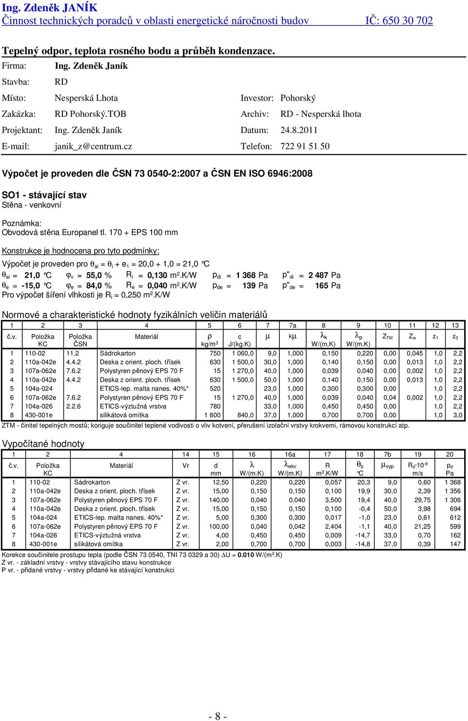 cz Telefon: 722 91 51 50 Výpočet je proveden dle ČSN 73 0540-2:2007 a ČSN EN ISO 6946:2008 SO1 - stávající stav Stěna - venkovní Poznámka: Obvodová stěna Europanel tl.