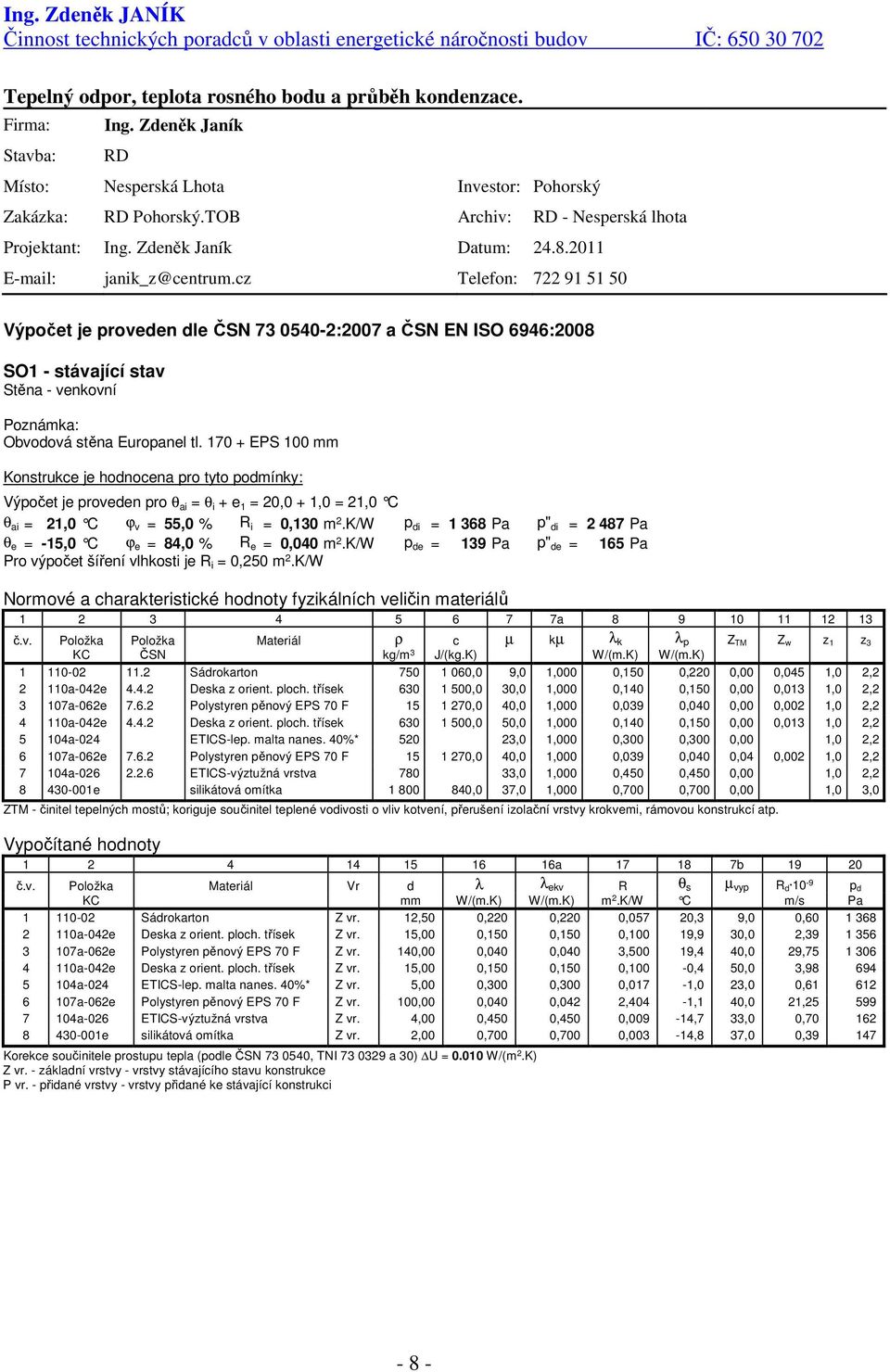 cz Telefon: 722 91 51 50 Výpočet je proveden dle ČSN 73 0540-2:2007 a ČSN EN ISO 6946:2008 SO1 - stávající stav Stěna - venkovní Poznámka: Obvodová stěna Europanel tl.