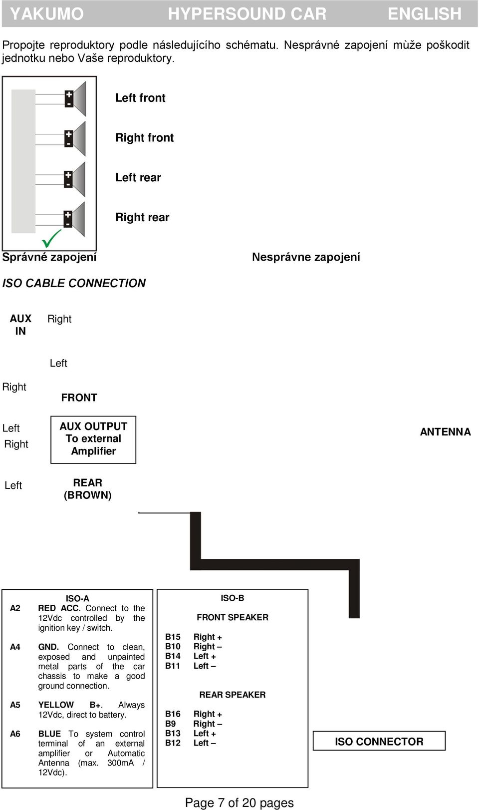 (BROWN) A2 A4 ISO-A RED ACC. Connect to the 12Vdc controlled by the ignition key / switch. GND. Connect to clean, exposed and unpainted metal parts of the car chassis to make a good ground connection.
