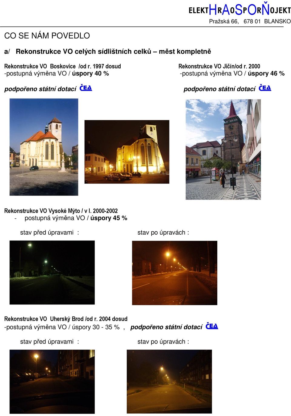 2000 -postupná výměna VO / úspory 46 % podpořeno státní dotací Rekonstrukce VO Vysoké Mýto / v l.