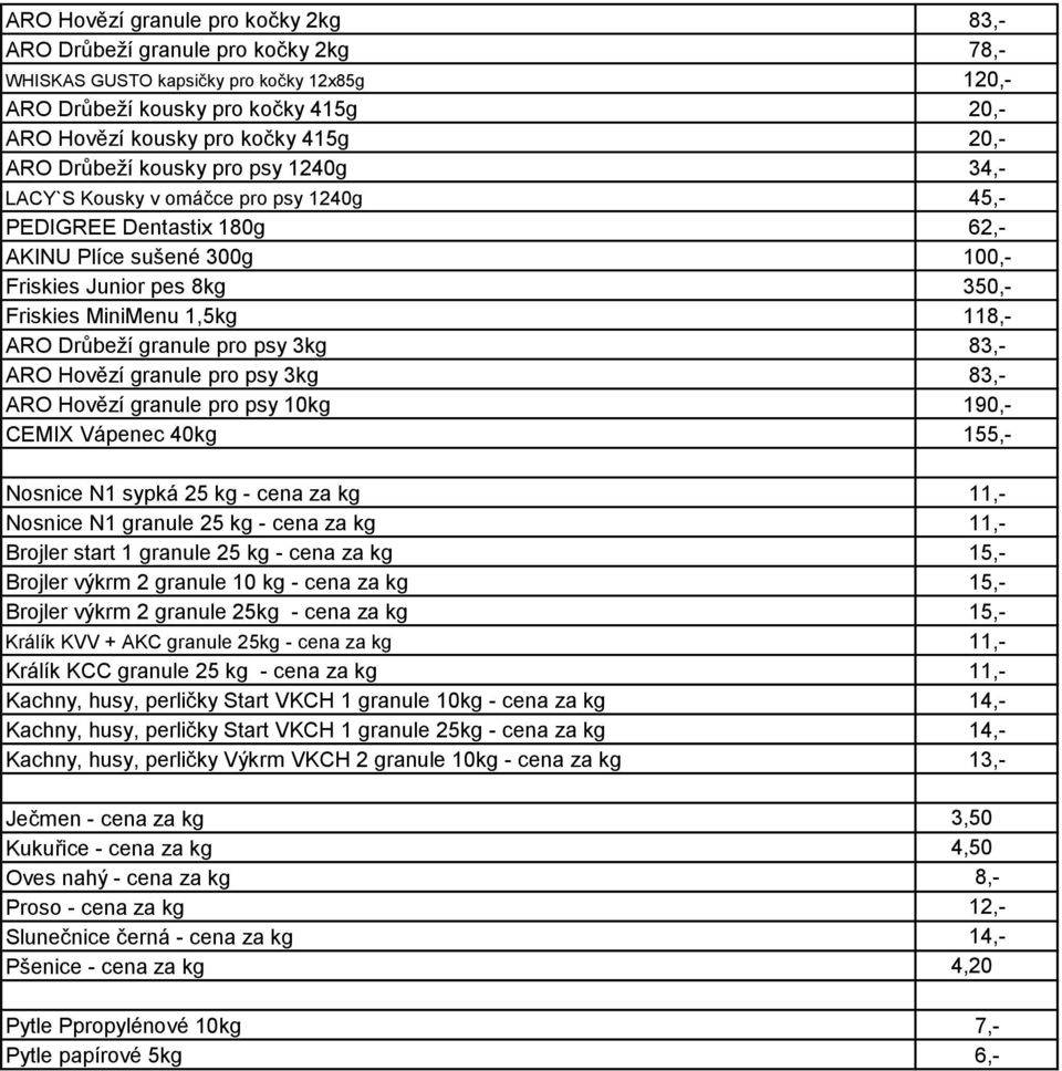 ARO Drůbeží granule pro psy 3kg 83,- ARO Hovězí granule pro psy 3kg 83,- ARO Hovězí granule pro psy 10kg 190,- CEMIX Vápenec 40kg 155,- Nosnice N1 sypká 25 kg - cena za kg 11,- Nosnice N1 granule 25