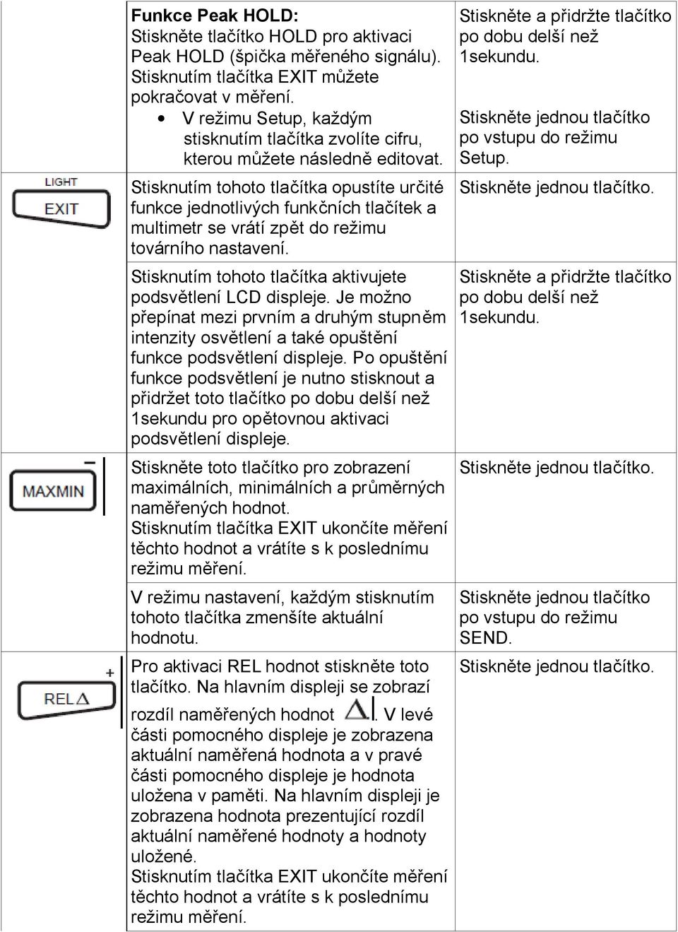 Stisknutím tohoto tlačítka opustíte určité funkce jednotlivých funkčních tlačítek a multimetr se vrátí zpět do režimu továrního nastavení.