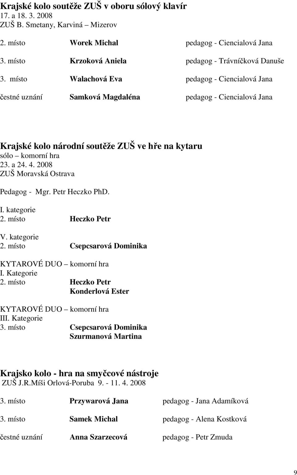 místo Walachová Eva pedagog - Ciencialová Jana čestné uznání Samková Magdaléna pedagog - Ciencialová Jana Krajské kolo národní soutěže ZUŠ ve hře na kytaru sólo komorní hra 23. a 24. 4.