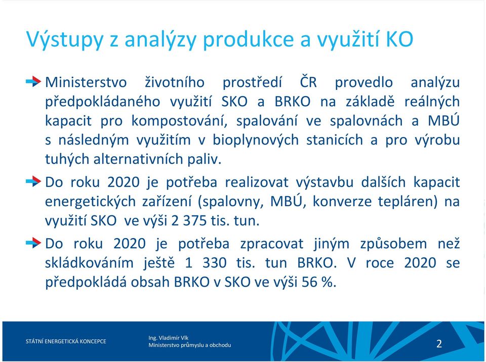 Do roku 2020 je potřeba realizovat výstavbu dalších kapacit energetických zařízení (spalovny, MBÚ, konverze tepláren) na využití SKO ve výši 2 375