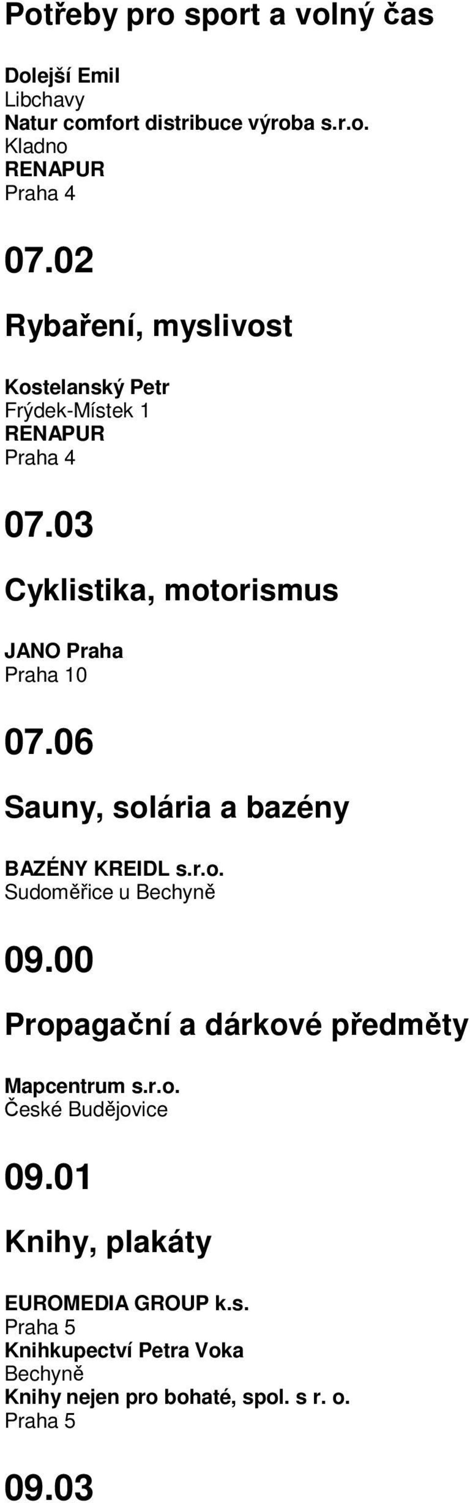 06 Sauny, solária a bazény BAZÉNY KREIDL s.r.o. Sudoměřice u Bechyně 09.00 Propagační a dárkové předměty Mapcentrum s.r.o. 09.01 Knihy, plakáty EUROMEDIA GROUP k.