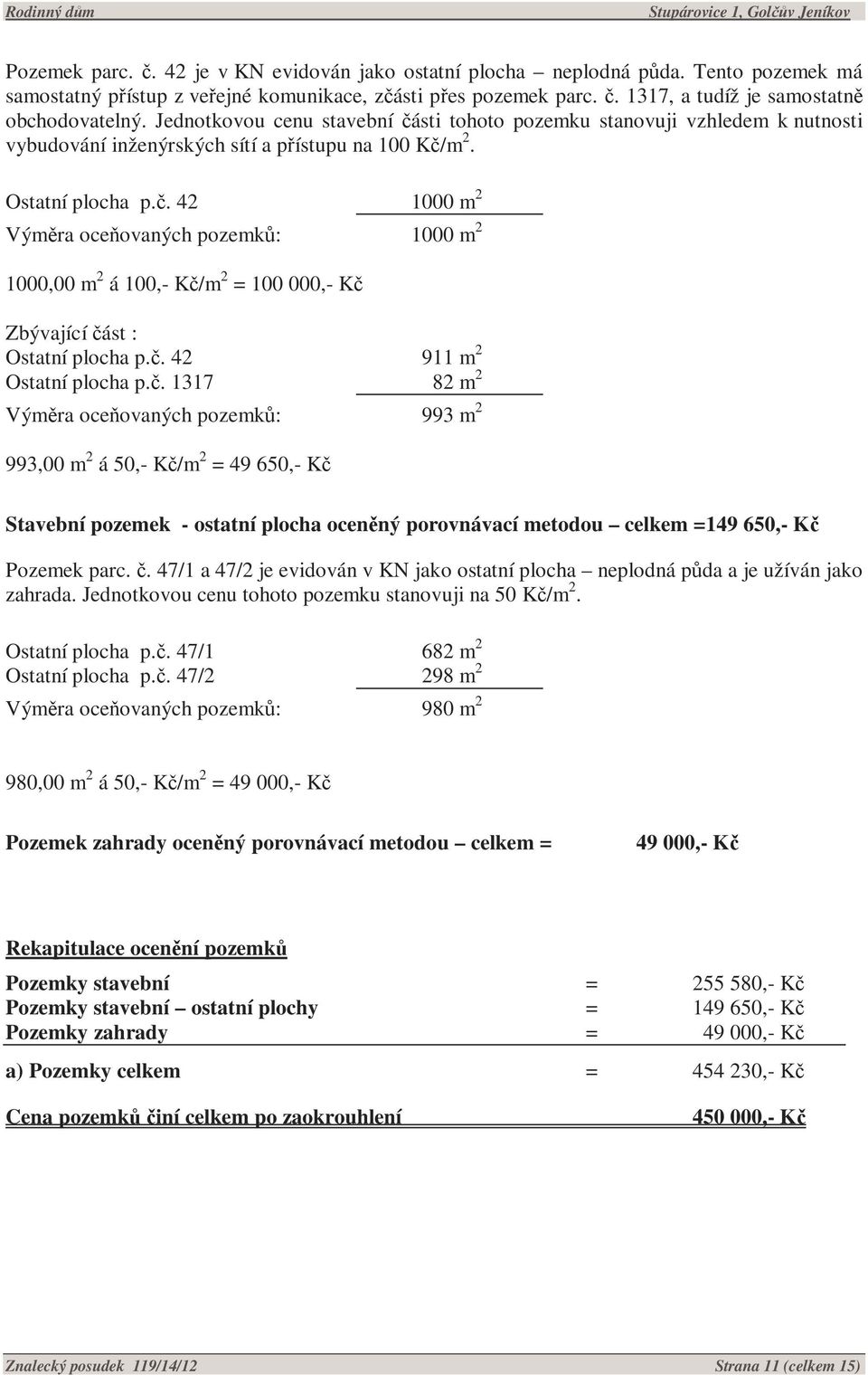 č. 42 911 m 2 Ostatní plocha p.č. 1317 82 m 2 Výměra oceňovaných pozemků: 993 m 2 993,00 m 2 á 50,- Kč/m 2 = 49 650,- Kč Stavební pozemek - ostatní plocha oceněný porovnávací metodou celkem =149 650,- Kč Pozemek parc.