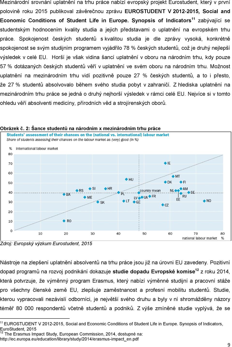 Spokojenost českých studentů s kvalitou studia je dle zprávy vysoká, konkrétně spokojenost se svým studijním programem vyjádřilo 78 % českých studentů, což je druhý nejlepší výsledek v celé EU.