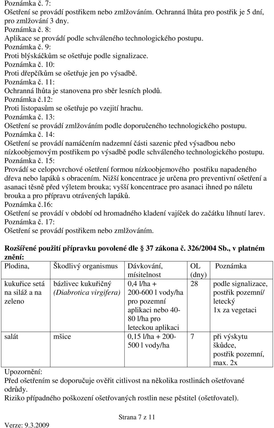 Poznámka č.12: Proti listopasům se ošetřuje po vzejití hrachu. Poznámka č.