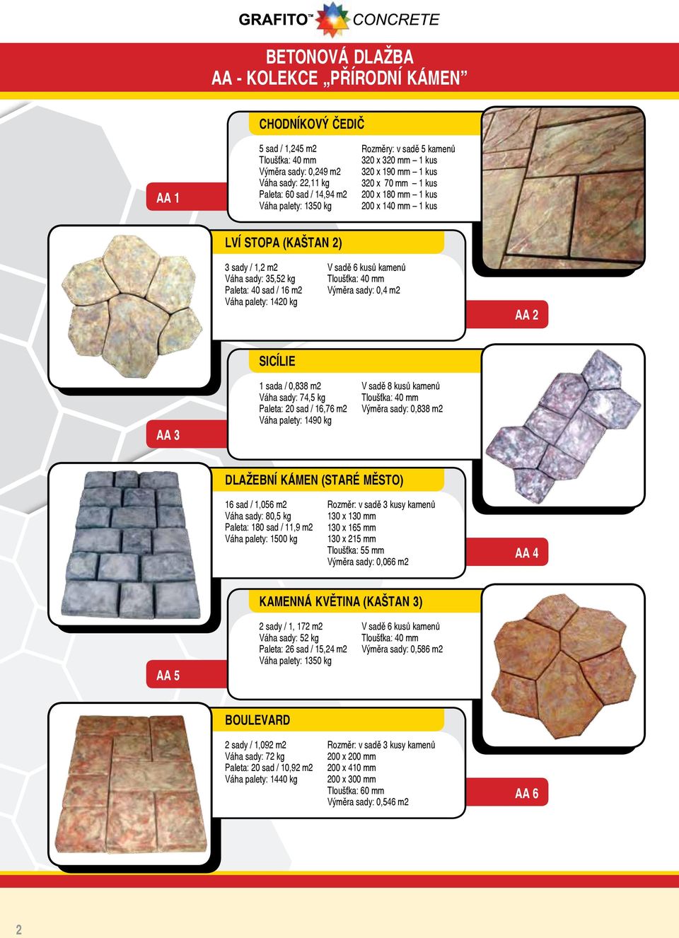sadě 6 kusů kamenů Výměra sady: 0,4 m2 AA 2 Sicílie AA 3 1 sada / 0,838 m2 Váha sady: 74,5 kg Paleta: 20 sad / 16,76 m2 Váha palety: 1490 kg V sadě 8 kusů kamenů Výměra sady: 0,838 m2 Dlažební kámen