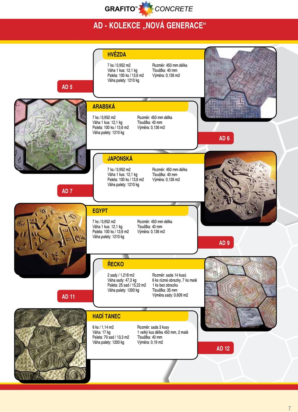 mm délka Výměra: 0,136 m2 Egypt 7 ks / 0,952 m2 Váha 1 kus: 12,1 kg Paleta: 100 ks / 13,6 m2 Váha palety: 1210 kg Rozměr: 450 mm délka Výměra: 0,136 m2 AD 9 Řecko AD 11 2 sady / 1,218 m2 Váha sady: