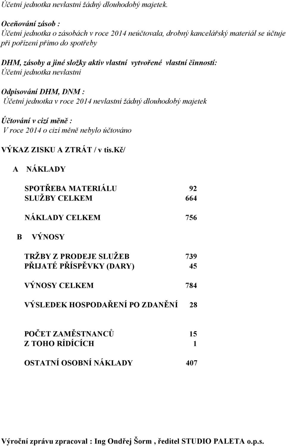 činností: Účetní jednotka nevlastní Odpisování DHM, DNM : Účetní jednotka v roce 2014 nevlastní žádný dlouhodobý majetek Účtování v cizí měně : V roce 2014 o cizí měně nebylo účtováno VÝKAZ ZISKU