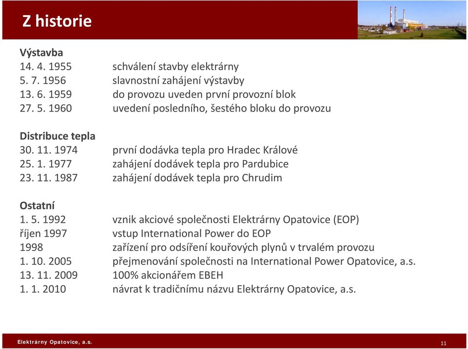 1992 vznik akciové společnosti Elektrárny Opatovice (EOP) říjen 1997 vstup International Power do EOP 1998 zařízení pro odsíření kouřových plynů v trvalém provozu 1. 10.